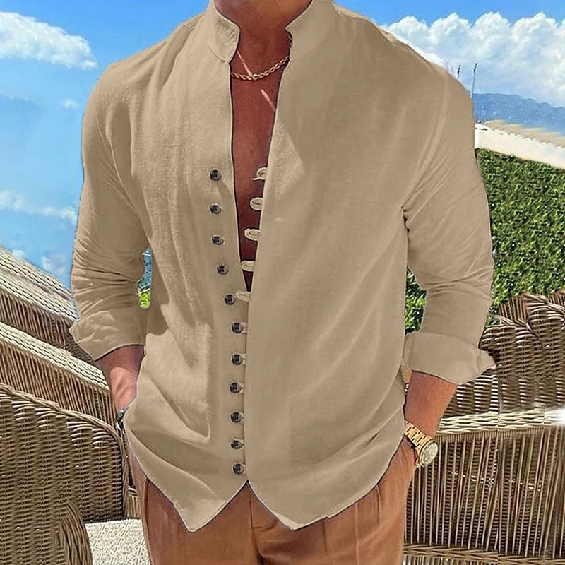 Retro Button Design Long-sleeved Shirt Men’s Casual Loose Top Mens Clothing